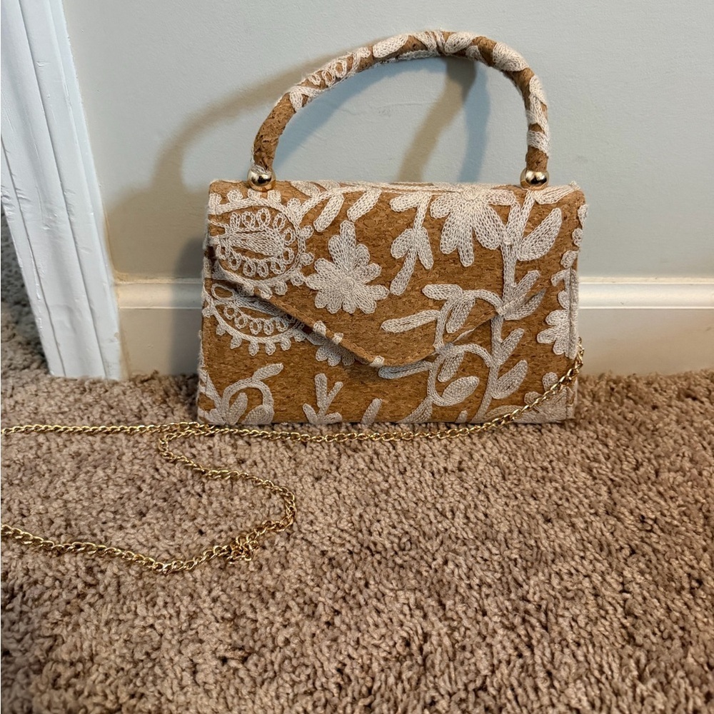 Haute Hippie Tan and Cream stitching Top Handle Clutch